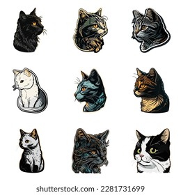 Cat Sticker Flat Icon Set Isolated On White Background