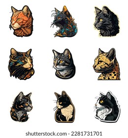 Cat Sticker Flat Icon Set Isolated On White Background