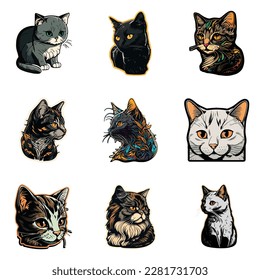 Cat Sticker Flat Icon Set Isolated On White Background