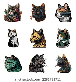 Cat Sticker Flat Icon Set Isolated On White Background