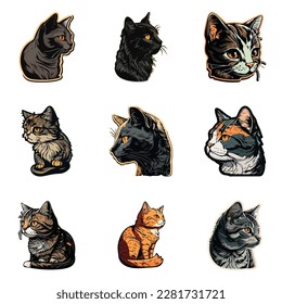 Cat Sticker Flat Icon Set Isolated On White Background