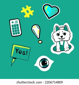 Cat sticker on green background. 
