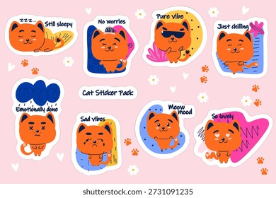 Paquete de pegatinas para gatos lindos naranjas con expresiones, emociones y accesorios.