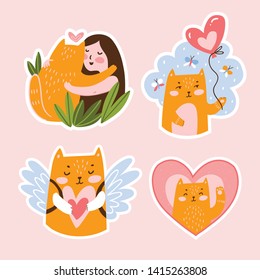 Cat sticker set. Harmony with the nature. Funny portraits of cats. Vector illustration for Valentines day. 