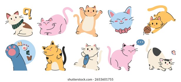 cat sticker vector. Lovely kitten doodle pattern in different poses and breeds. Adorable funny pet and many characters hand drawn collection for T-shirt, sticker, print, pet shop.