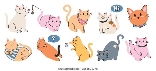 Cat and cat sticker vector. Lovely kitten doodle pattern in different poses and breeds. Adorable funny pet and many characters hand drawn collection for T-shirt, sticker, print, pet shop.