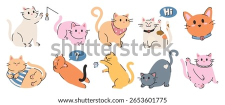 Cat and cat sticker vector. Lovely kitten doodle pattern in different poses and breeds. Adorable funny pet and many characters hand drawn collection for T-shirt, sticker, print, pet shop.