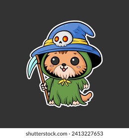 cat sticker wearing grim reaper costume, cartoon style, Chibi Style.