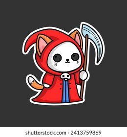 cat sticker wearing grim reaper costume, cartoon style, Chibi Style.