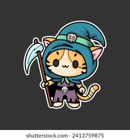 cat sticker wearing grim reaper costume, cartoon style, Chibi Style.