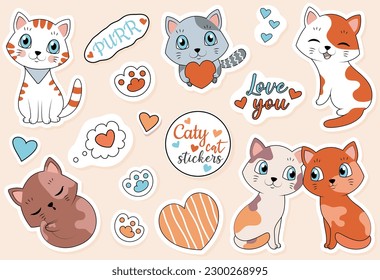 Cat stickers set. Collection of graphic elements for website. Multicolored kittens with inscriptions. Pet sleep, animal with heart. Cartoon flat vector illustrations isolated on beige background