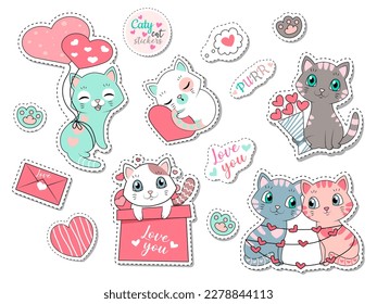 Cat Aufkleber für Valentinstag Set. Liebe und Romantik. Design-Element für Grußkarten. Kätzchen mit Umschlägen und Herzen. Cartoon-FlachVektorgrafiken einzeln auf weißem Hintergrund