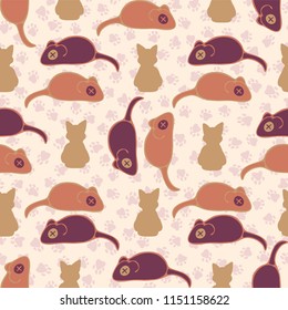 Cat Stitched Mouse Vector Pattern, Hand Drawn Seamless Kitties Silhouette Illustration for Trendy Fashion Prints, Animal Stationery, Feline Friends Gift Wrapping, Wallpaper, Cartoon Pet Store Backdrop