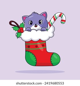 cat in a stocking santa christmas cartoon icon vector illustration