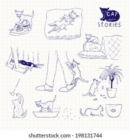 Cat stories. Different scenes isolated on a white background. Vector