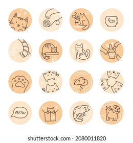 Cat stories highlight covers. Instagram stories round icon set.