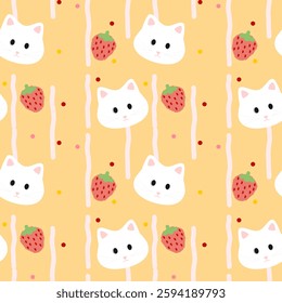 Cat, Strawberry on Orange Background, Fabric Pattern, Seamless Pattern