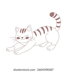 The cat stretches after sleeping. Outline. Isolated on a white background.