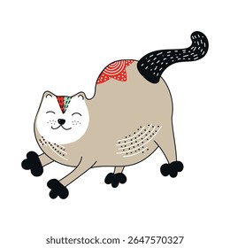 The cat stretches. Cute silhouette of a cat. Ethnic motives