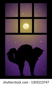 Cat stretches near window on moonlit night. Vector illustration with silhouette of cat arching back. Full moon in starry sky