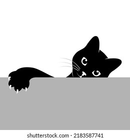 Cat stretches out its paw. Black cat looking from under the surface. Symbol pet. Vector illustration