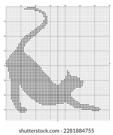 Cat stretching black silhouette stitch cross patterns on white background, side view. Embroidery style cute kitty design element. Pixelated drawn picture black and white colors kitten, vector eps 10