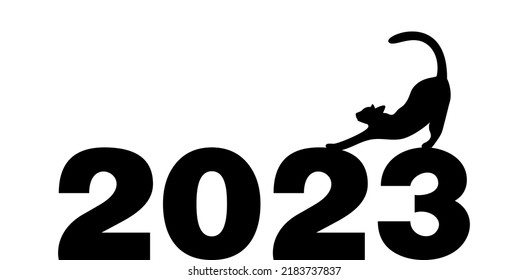 Cat stretching on top of the number 2023. Happy New Year 2023. Year of the Cat