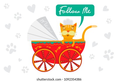 Cat in a stroller. Cartoon cute cat paws. For print, baby clothes, tshirt, child or wrapping paper. Follow me hand lettering. Vector illustration