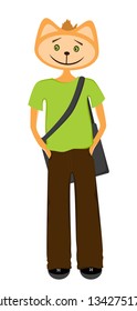 Cat student in green t-shirt, fashionable pants and sports sneakers. With a bag Behind his back. Hand in pocket.