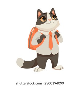 Cat Student Standing with Backpack Studying at School Vector Illustration