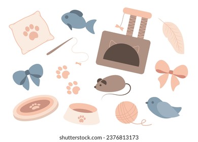 Cat stuff collection. House, pillow, bowl, scratching post, toys, bows. Vector set of cat accessories on white background.