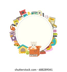 Cat stuff icons set in flat style with dung kennel leash food paw bowl mouse and other goods for pet shop.Domestic animals, kitty toy and things care