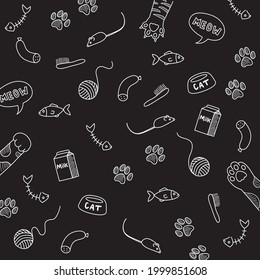 Cat stuff pattern with different objects that cats love in lines on a black background
