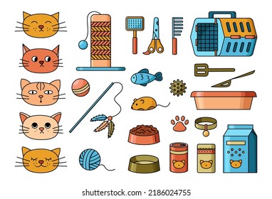 Cat stuff vector colorful collection. Pet goods icons set and cats cartoon emotional faces. Food, toys and care equipment for domestic animal