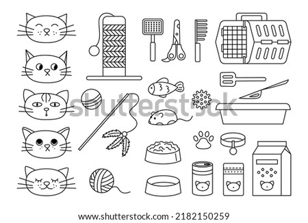 Cat stuff vector linear collection. Pet goods outline icons set and cats cartoon emotional faces. Food, toys and care equipment for domestic animal