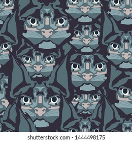 Cat. Stylized portrait, the head of a cat. Vector illustration. Print for textiles. For use in the interior. Seamless patterns