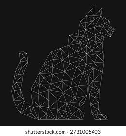 Cat stylized triangle polygonal model. Line geometric shape cat poses. Design of origami animals. Linear art. Vector illustration of triangle kitty on black background. Decoration for tattoo, logo, emblem and design element
