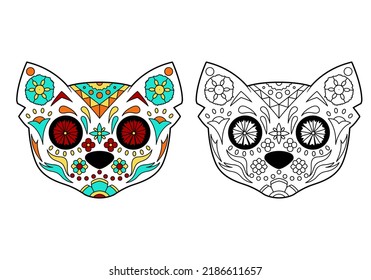 Cat sugar skull with coloring example.  Coloring book, design element for poster, card, banner, print.