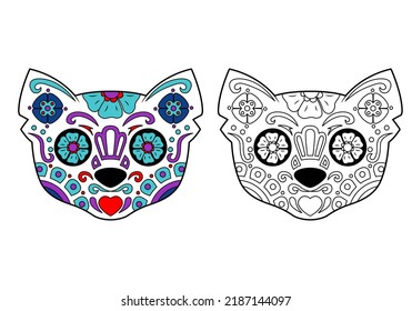 
Cat sugar skull with coloring example. The day of the Dead. Coloring book, design element for card, banner, print.