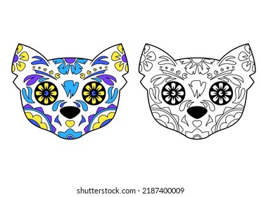 Cat sugar skull with coloring example. The day of the Dead. Coloring book, design element for poster, card, banner.