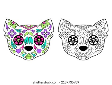 Cat sugar skull with coloring example.  The day of the Dead. Coloring book, design element.