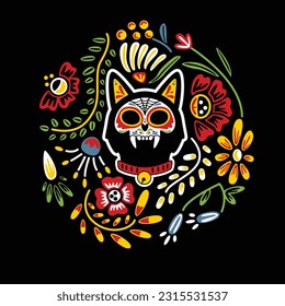 Cat sugar skull in floral ornament. Clip art for Dia de los Muertos. Day of the dead vector art.