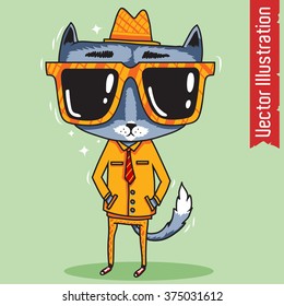 Cat in a suit and glasses.  Vector illustration