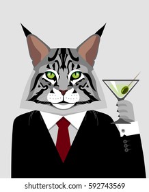 Cat in a suit with martini glass. Vector illustration.