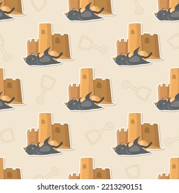 cat in summer day cartoon seamless pattern