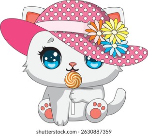 Cat With Summer Hat Eating Sweets Kitten Vector