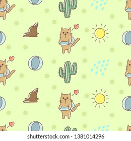Cat summer seamless pattern, cactus, sun, ice cream, ball