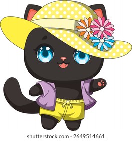 Cat In Summer Wear With Hat Kitten Mascot Vector