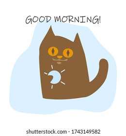 Cat with the sun. Good morning. Brown blue design. Vector illustration. For stickers.