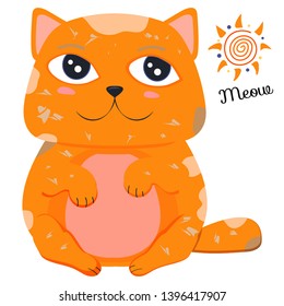 Cat and Sun, illustration with lettering word Meow. Cartoon character. 